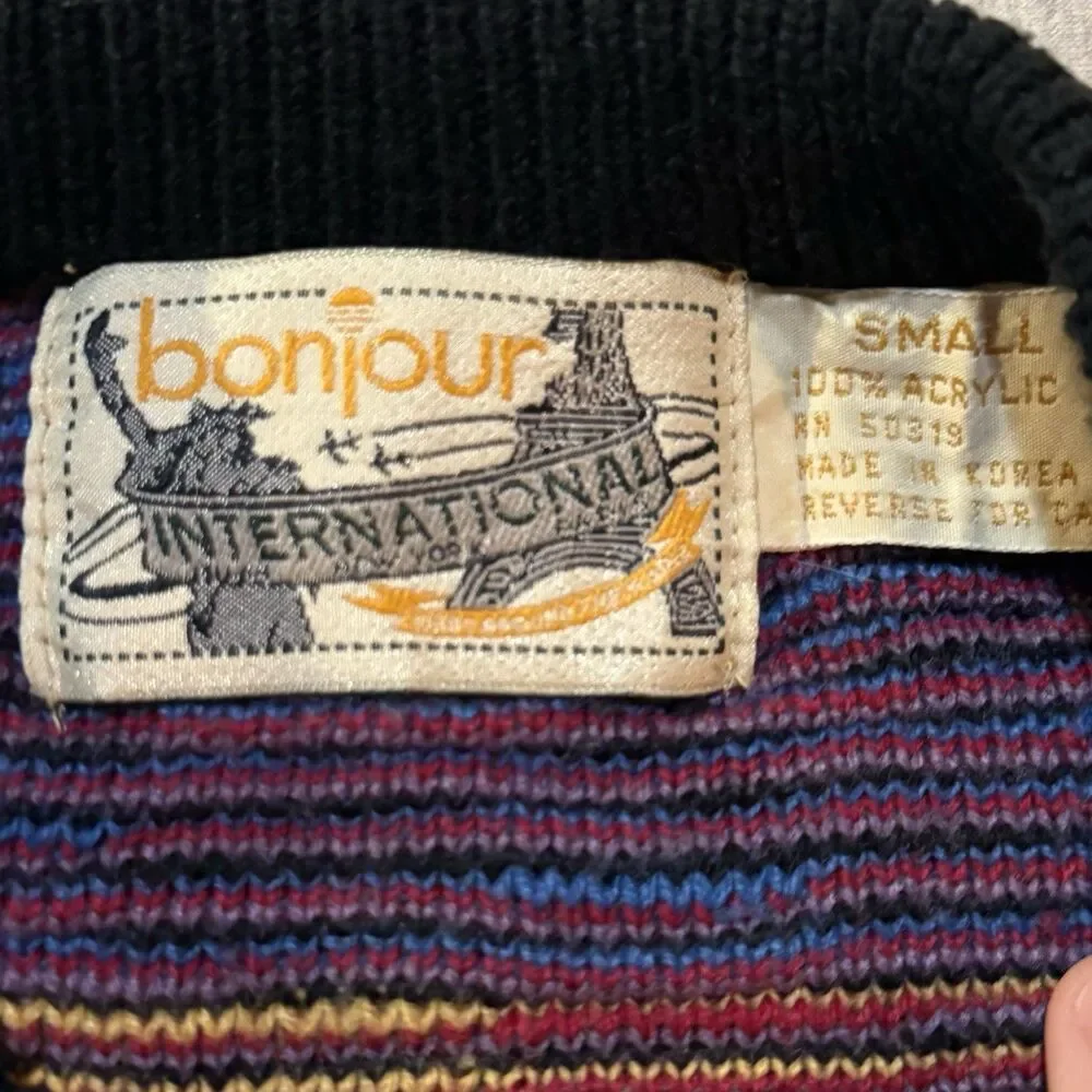 Vintage 80s Bonjour International Acrylic Sweater Small Geometric Pattern Korea